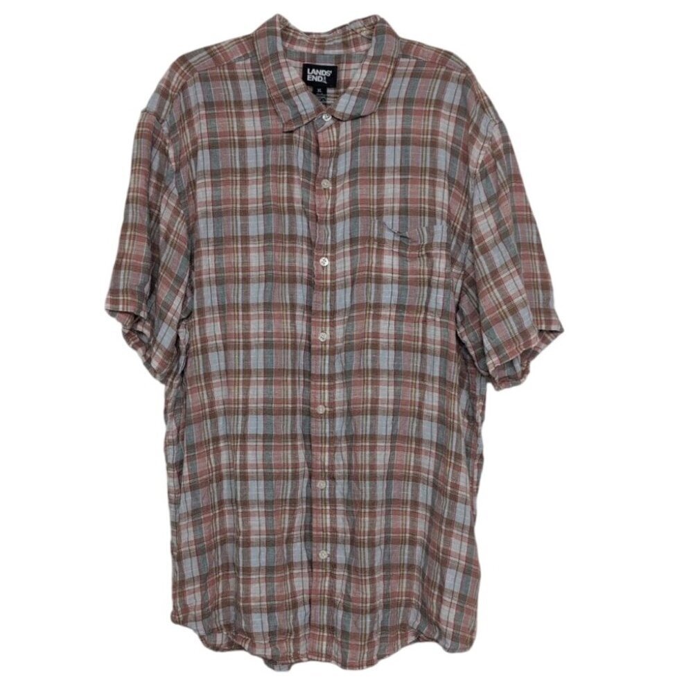 Lands End Plaid Linen Shirt Mens Size XL Multicolor Traditional Fit Short Sleeve